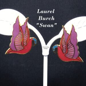 Laurel Burch "Swan" Cloisonné Post Earrings, Red Purple Pink Blue Enamel